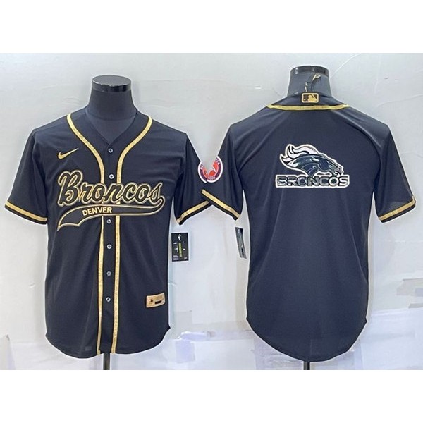 Denver Broncos Black Gold Team Big Logo With Patch Cool Base Stitched Baseball Jersey