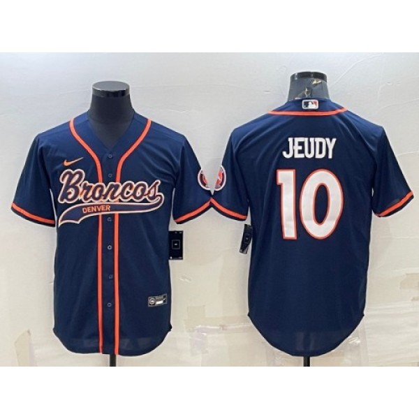 Denver Broncos #10 Jerry Jeudy Navy With Patch Cool Base Stitched Baseball Jersey