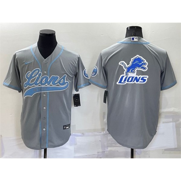 Detroit Lions Gray Team Big Logo With Patch Cool Base Stitched Baseball Jersey