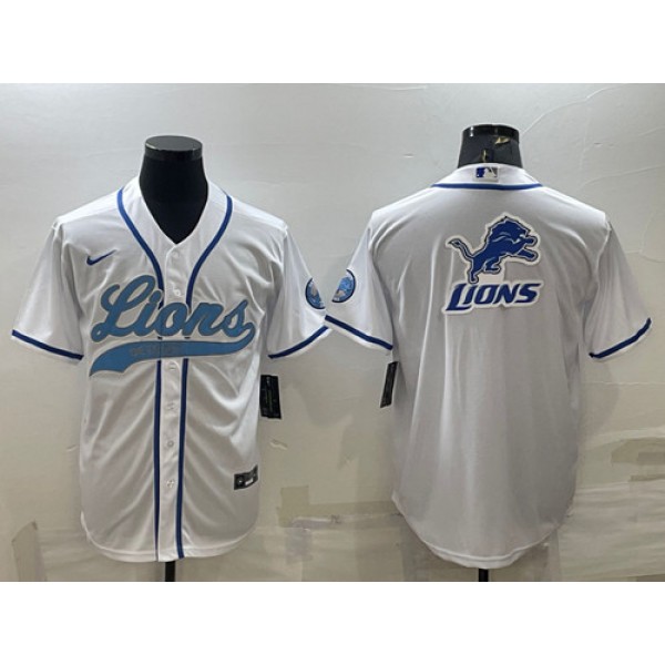 Detroit Lions White Team Big Logo With Patch Cool Base Stitched Baseball Jersey