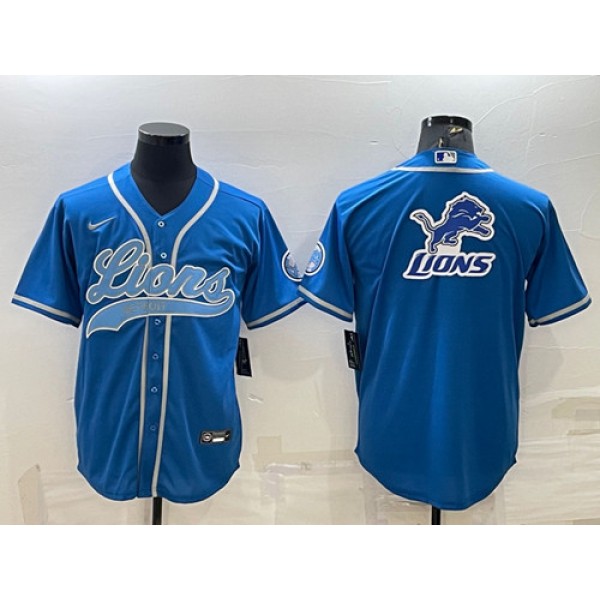 Detroit Lions Blue Team Big Logo With Patch Cool Base Stitched Baseball Jersey