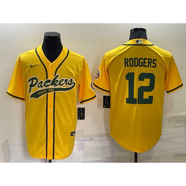 Green Bay Packers #12 Aaron Rodgers Yellow Cool Base Stitched Baseball Jersey