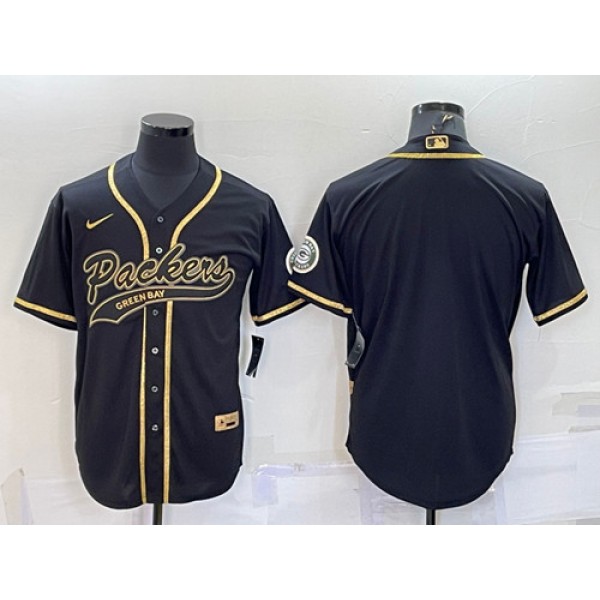 Green Bay Packers Blank Black Gold With Patch Cool Base Stitched Baseball Jersey