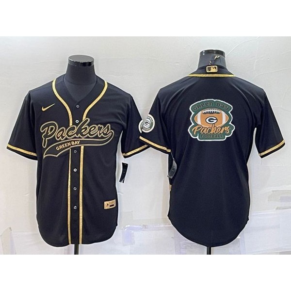Green Bay Packers Black Gold Team Big Logo With Patch Cool Base Stitched Baseball Jersey