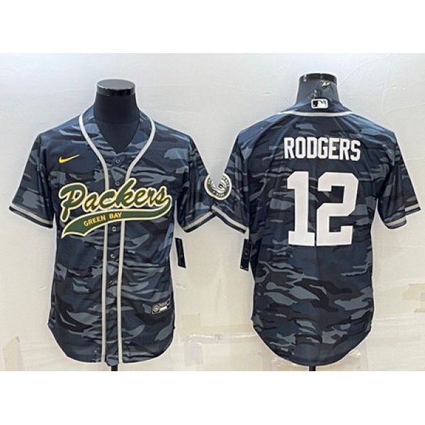 Green Bay Packers #12 Aaron Rodgers Gray Camo With Patch Cool Base Stitched Baseball Jersey