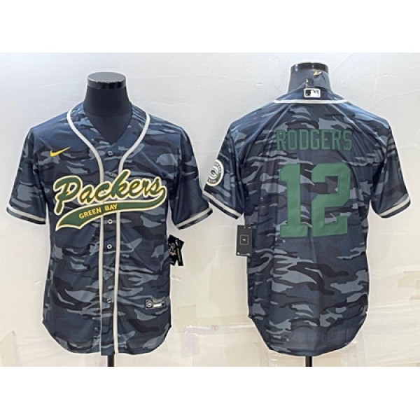 Green Bay Packers #12 Aaron Rodgers Gray Green Camo With Patch Cool Base Stitched Baseball Jersey