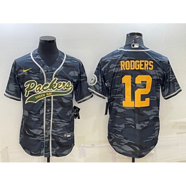 Green Bay Packers #12 Aaron Rodgers Gray Gold Camo With Patch Cool Base Stitched Baseball Jersey