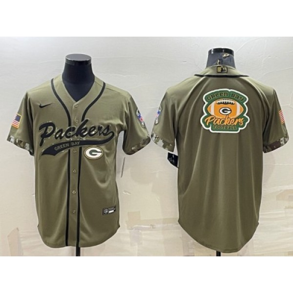 Green Bay Packers Olive Salute To Service Team Big Logo Cool Base Stitched Baseball Jersey