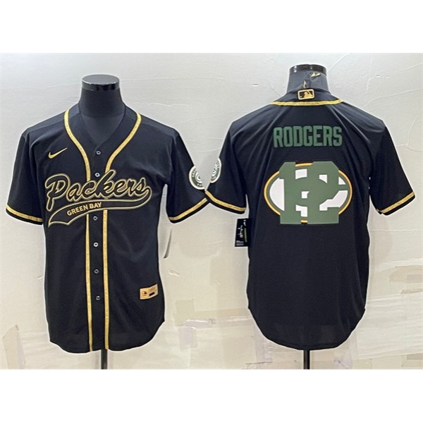 Green Bay Packers #12 Aaron Rodgers Black Team Big Logo With Patch Cool Base Stitched Baseball Jersey