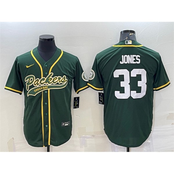 Green Bay Packers #33 Aaron Jones Green With Patch Cool Base Stitched Baseball Jersey