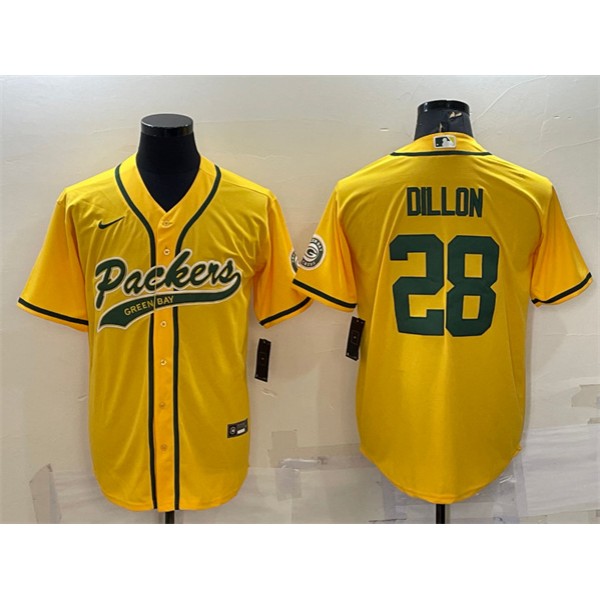 Green Bay Packers #28 A.J. Dillon Gold With Patch Cool Base Stitched Baseball Jersey