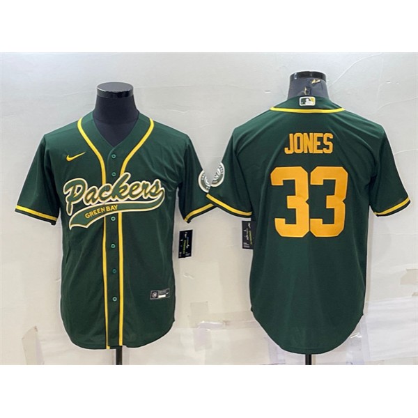 Green Bay Packers #33 Aaron Jones Green Gold With Patch Cool Base Stitched Football Jersey