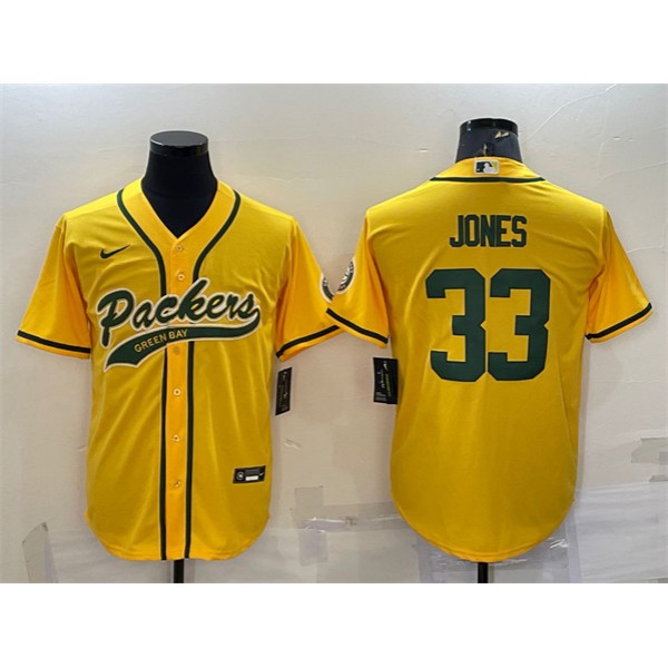 Green Bay Packers #33 Aaron Jones Gold With Patch Cool Base Stitched Baseball Jersey