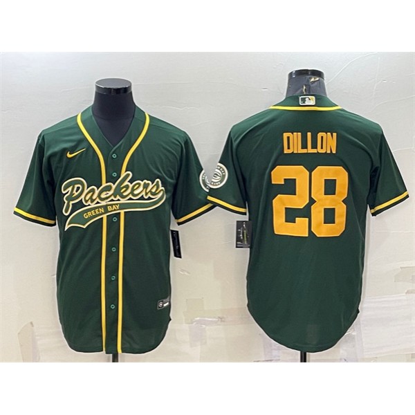 Green Bay Packers #28 A.J. Dillon Green Gold With Patch Cool Base Stitched Baseball Jersey