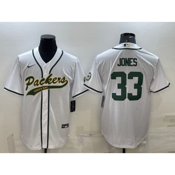 Green Bay Packers #33 Aaron Jones White With Patch Cool Base Stitched Baseball Jersey