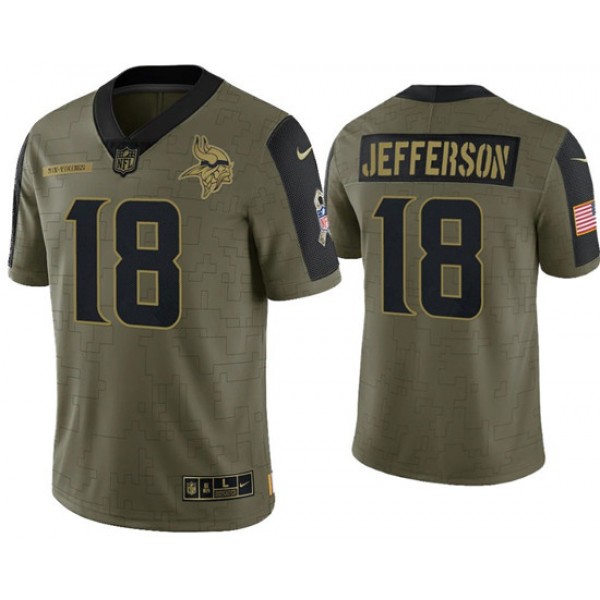Minnesota Vikings #18 Justin Jefferson 2021 Olive Salute To Service Limited Stitched Jersey