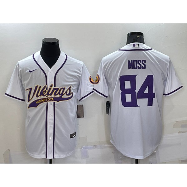 Minnesota Vikings #84 Randy Moss White With Patch Cool Base Stitched Baseball Jersey