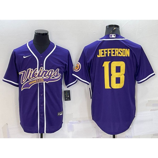 Minnesota Vikings #18 Justin Jefferson Purple Gold With Patch Cool Base Stitched Baseball Jersey