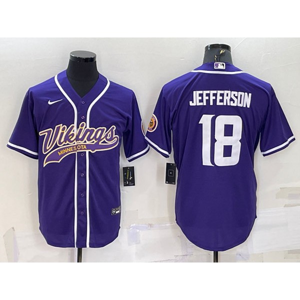 Minnesota Vikings #18 Justin Jefferson Purple With Patch Cool Base Stitched Baseball Jersey