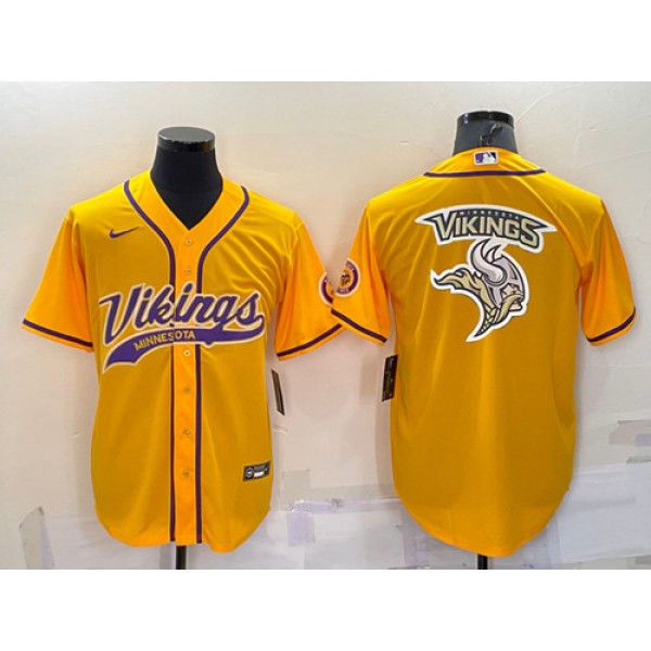 Minnesota Vikings Gold Team Big Logo With Patch Cool Base Stitched Baseball Jersey