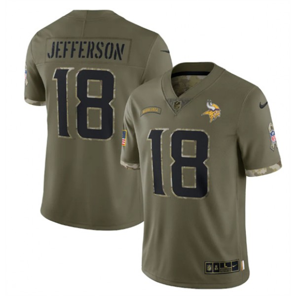 Minnesota Vikings #18 Justin Jefferson 2022 Olive Salute To Service Limited Stitched Jersey
