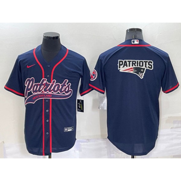 New England Patriots Navy Team Big Logo With Patch Cool Base Stitched Baseball Jersey