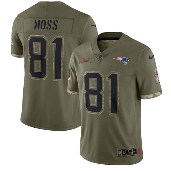 New England Patriots #81 Randy Moss 2022 Olive Salute To Service Limited Stitched Jersey