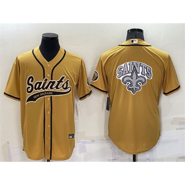 New Orleans Saints Gold Team Big Logo With Patch Cool Base Stitched Baseball Jersey