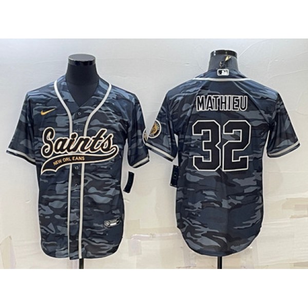 New Orleans Saints #32 Tyrann Mathieu Gray Camo With Patch Cool Base Stitched Baseball Jersey