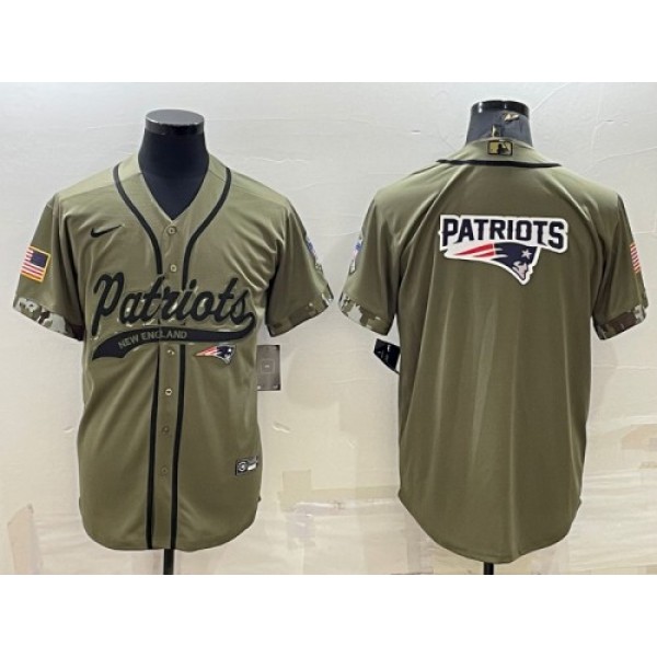New England Patriots Olive Salute To Service Team Big Logo Cool Base Stitched Baseball Jersey