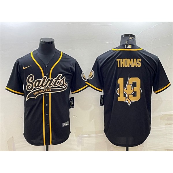 New Orleans Saints #13 Michael Thomas Black Team Big Logo With Patch Cool Base Stitched Baseball Jersey