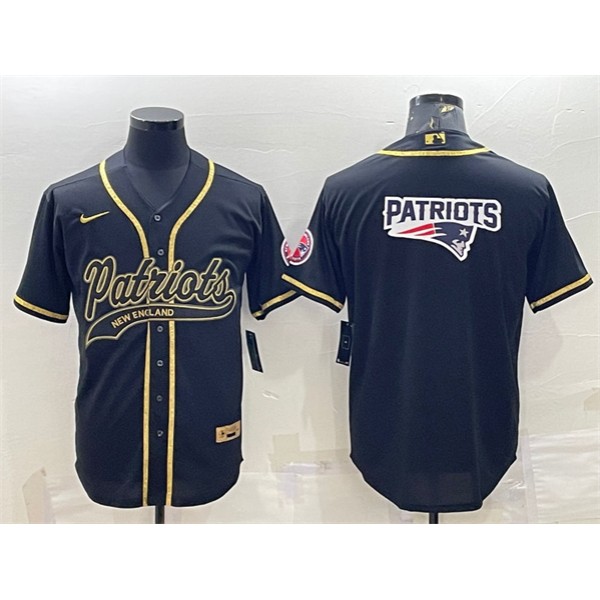 New England Patriots Black Gold Team Big Logo With Patch Cool Base Stitched Baseball Jersey