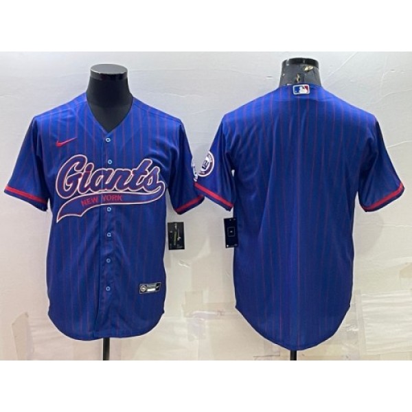 New York Giants Blue With Patch Cool Base Stitched Baseball Jersey
