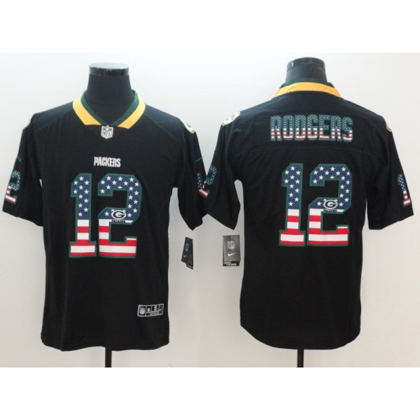Packers #12 Aaron Rodgers 2018 Black USA Flag Color Rush Limited Fashion Stitched Jersey