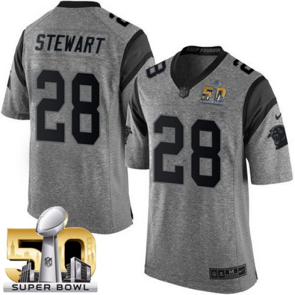 Panthers #28 Jonathan Stewart Gray Super Bowl 50 Stitched Limited Gridiron Gray Nike Jersey