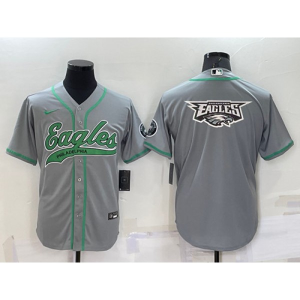 Philadelphia Eagles Grey Team Big Logo With Patch Cool Base Stitched Baseball Jersey