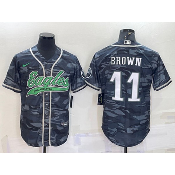 Philadelphia Eagles #11 A. J. Brown Gray Camo With Patch Cool Base Stitched Baseball Jersey