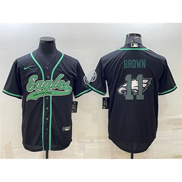 Philadelphia Eagles #11 A. J. Brown Black Team Big Logo With Patch Cool Base Stitched Baseball Jersey