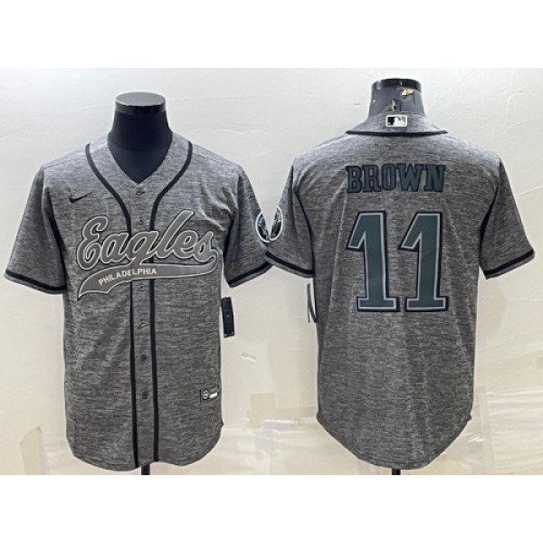 Philadelphia Eagles #11 A. J. Brown Gray With Patch Cool Base Stitched Baseball Jersey