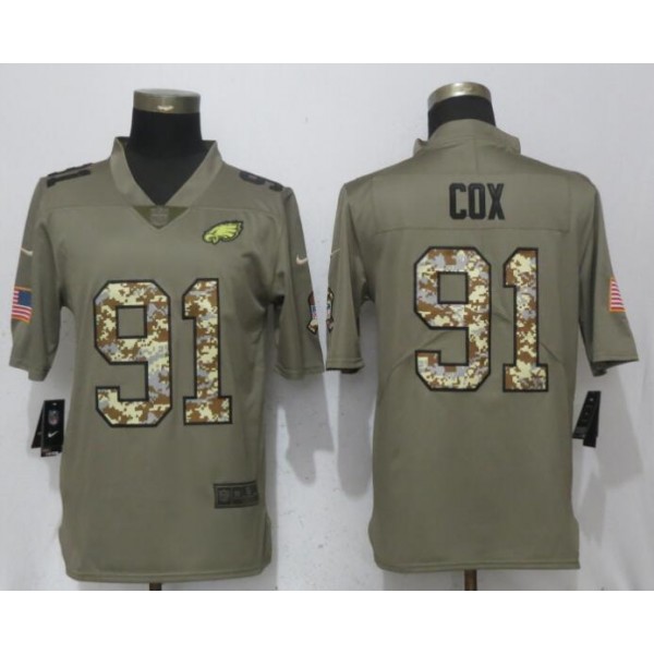 Philadelphia Eagles #91 Fletcher Cox Olive Camo Salute To Service Limited Stitched Jersey