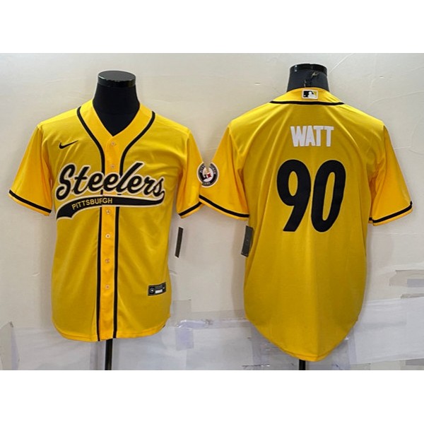 Pittsburgh Steelers #90 T.J. Watt Gold With Patch Cool Base Stitched Baseball Jersey