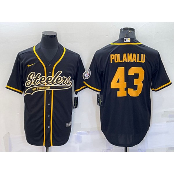 Pittsburgh Steelers #43 Troy Polamalu Black Gold With Patch Cool Base Stitched Baseball Jersey