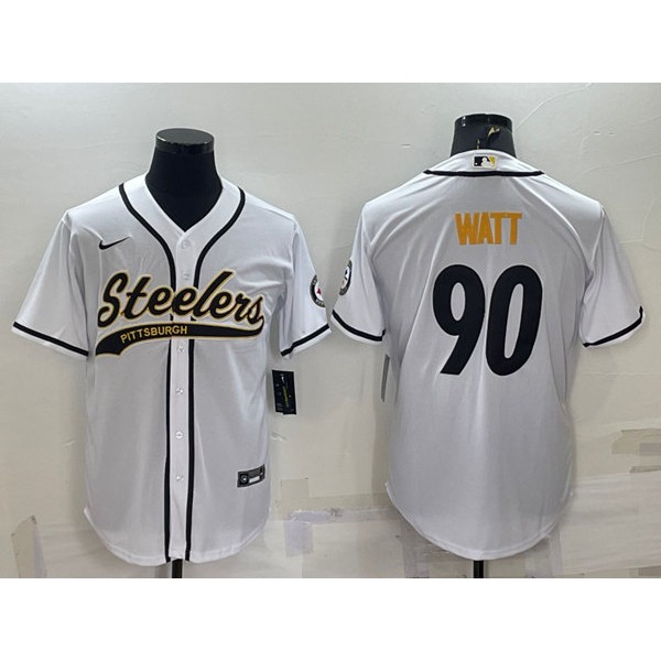 Pittsburgh Steelers #90 T.J. Watt White With Patch Cool Base Stitched Baseball Jersey
