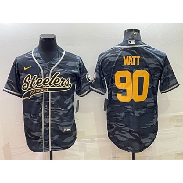Pittsburgh Steelers #90 T. J. Watt Gray Navy Camo With Patch Cool Base Stitched Baseball Jersey