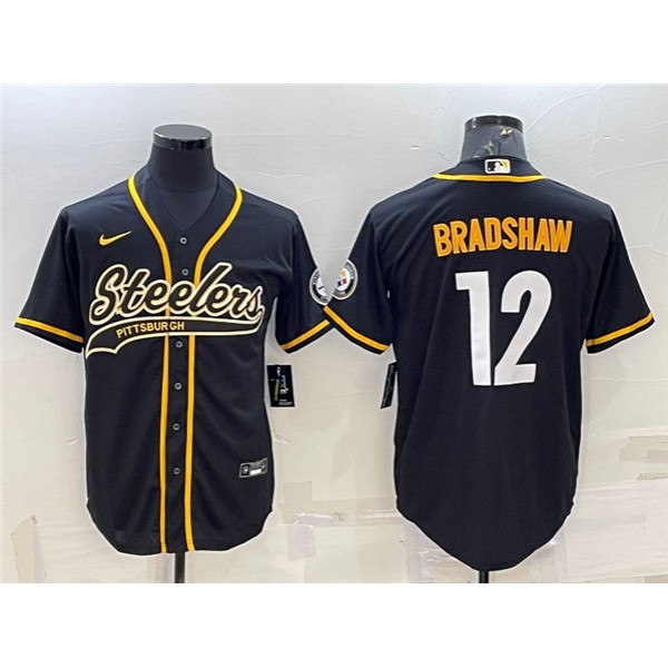 Pittsburgh Steelers #12 Terry Bradshaw Black With Patch Cool Base Stitched Baseball Baseball Jersey