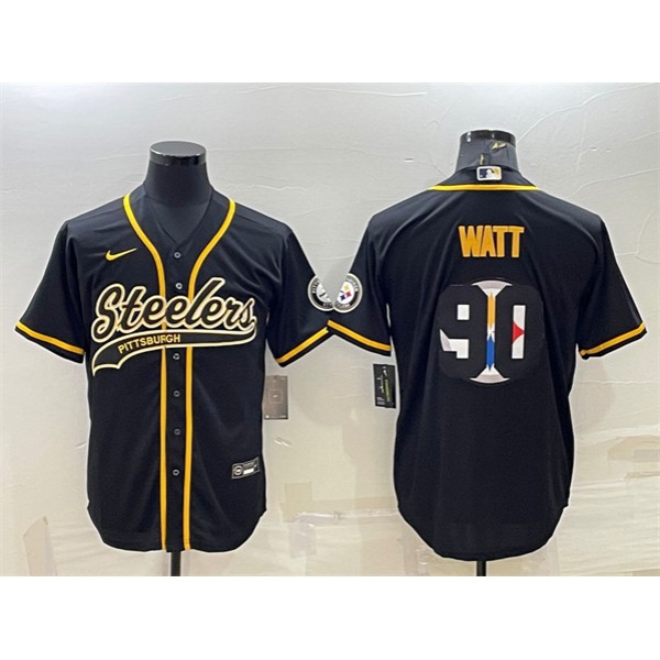 Pittsburgh Steelers #90 T. J. Watt Black Team Big Logo With Patch Cool Base Stitched Baseball Jersey