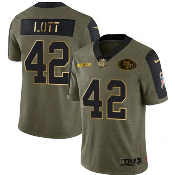 San Francisco 49ers #42 Ronnie Lott 2021 Olive Camo Salute To Service Golden Limited Stitched Jersey