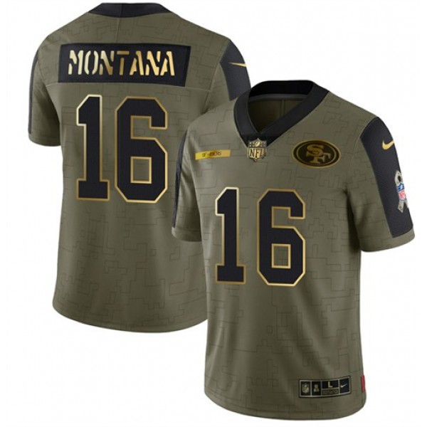 San Francisco 49ers #16 Joe Montana 2021 Olive Camo Salute To Service Golden Limited Stitched Jersey