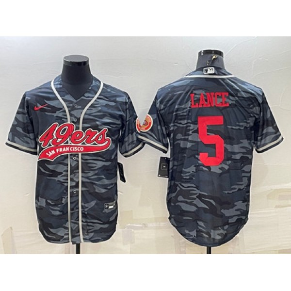 San Francisco 49ers #5 Trey Lance Gray Red Camo With Patch Cool Base Stitched Baseball Jersey