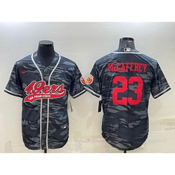 San Francisco 49ers #23 Christian McCaffrey Gray Red Camo With Patch Cool Base Stitched Baseball Jersey